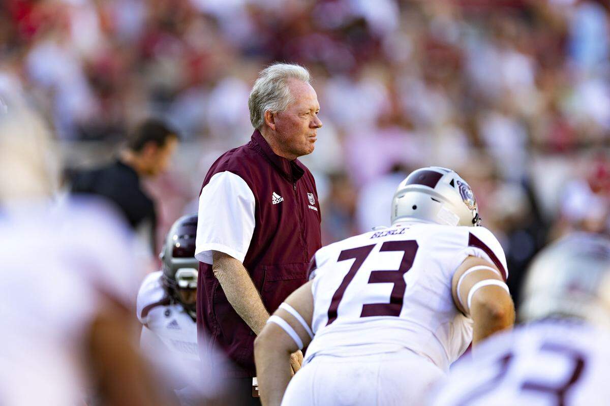Former head coach Bobby Petrino of the Missouri State Bears watches his players warm up before a game against the Arkansas Razorbacks at Donald W. Reynolds Razorback Stadium on September 17, 2022 in Fayetteville, Arkansas.