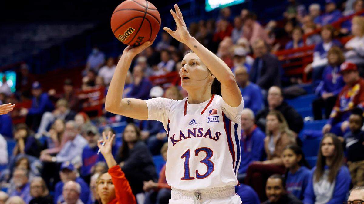 Kansas guard Holly Kersgieter shoots during an NCAA college basketball game on Wednesday, Nov. 30, 2022, in Lawrence, Kan.
