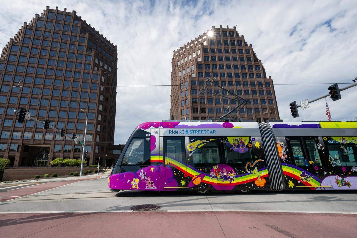 The KC streetcar does a test run on the Main Street extension headed towards UMKC, on Monday, Oct. 6, 2025, in Kansas City.