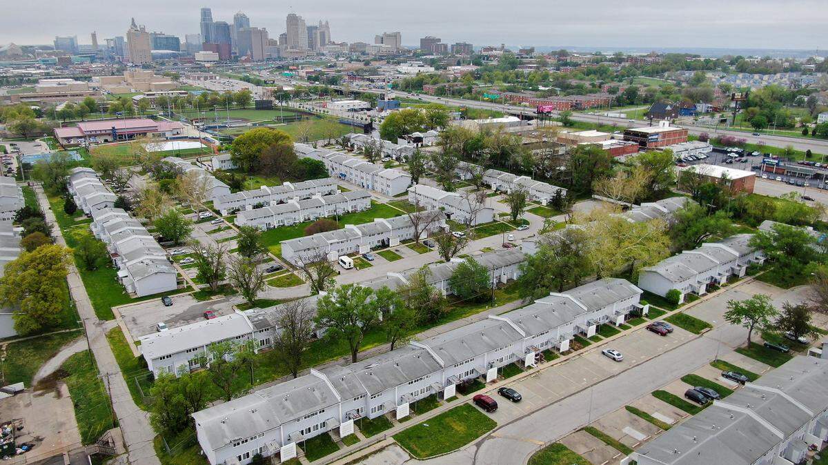An aerial photograph captures the view of Parade Park Homes, a 510-unit housing cooperative in the 18th & Vine neighborhood.