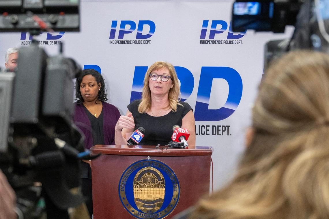 Jackson County Prosecutor Jean Peters Baker speaks during a press conference at the Independence Police Department headquarters on Friday, March 1, 2024. The press conference detailed the charges against Larry D. Acree, who is accused of shooting and killing Independence police officer Cody Allen and court process server Drexel Mack on Thursday while Mack was attempting to serve an eviction notice.