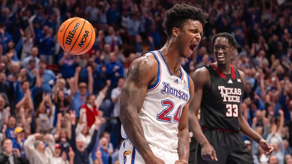 Kansas Jayhawks forward KJ Adams screams after an alley-oop dunk in the second half of the Jayhawks game vs. the Texas Tech Red Raiders on March 1, 2025, at Allen Fieldhouse.