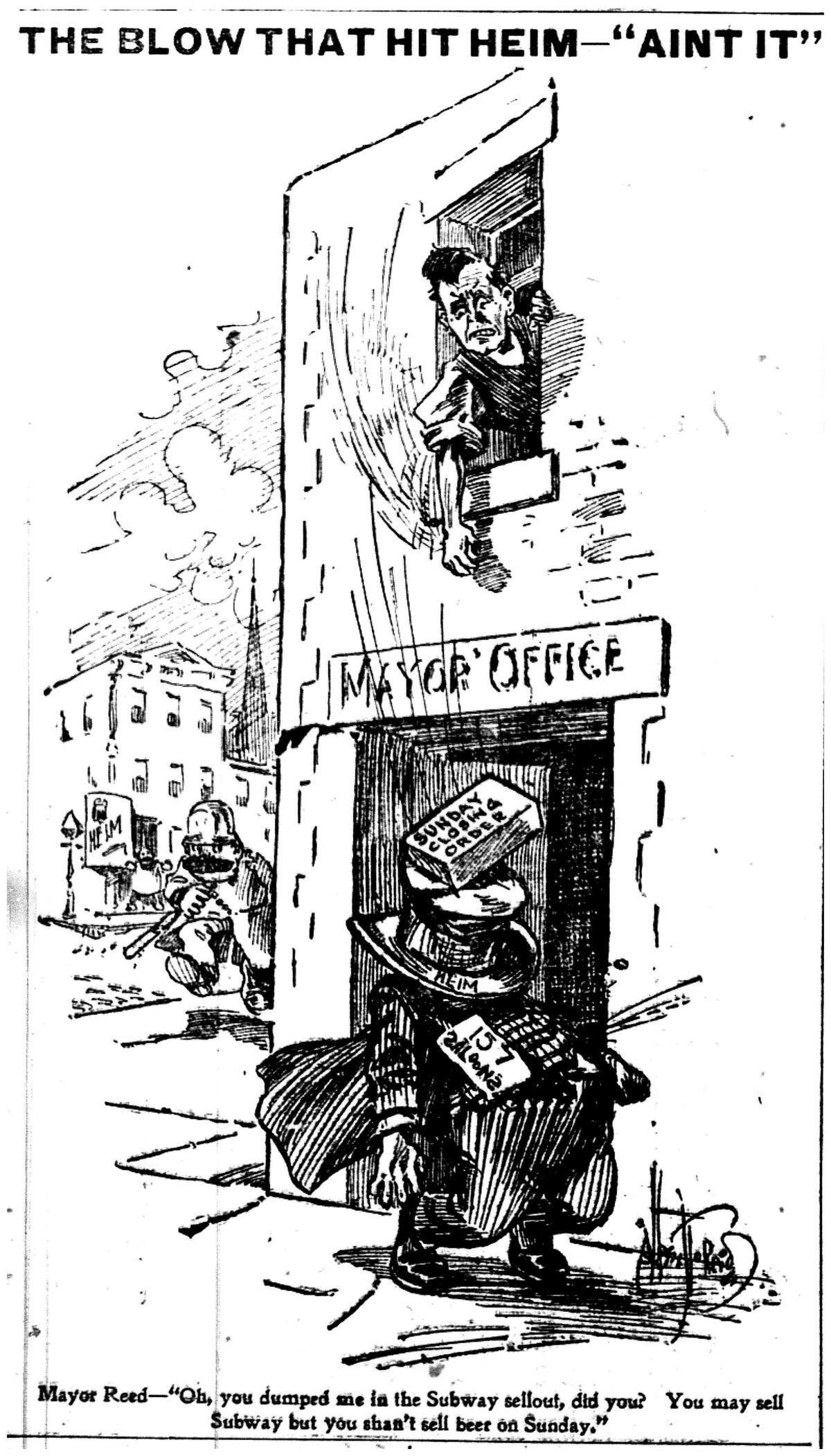 Cartoon in the May 5, 1901, edition of the Kansas City Journal lampooning the feud between Mayor James A. Reed and the Heim Brewing Company over his Sunday closing order. The Heim family controlled 157 of the city’s 443 drinking establishments.