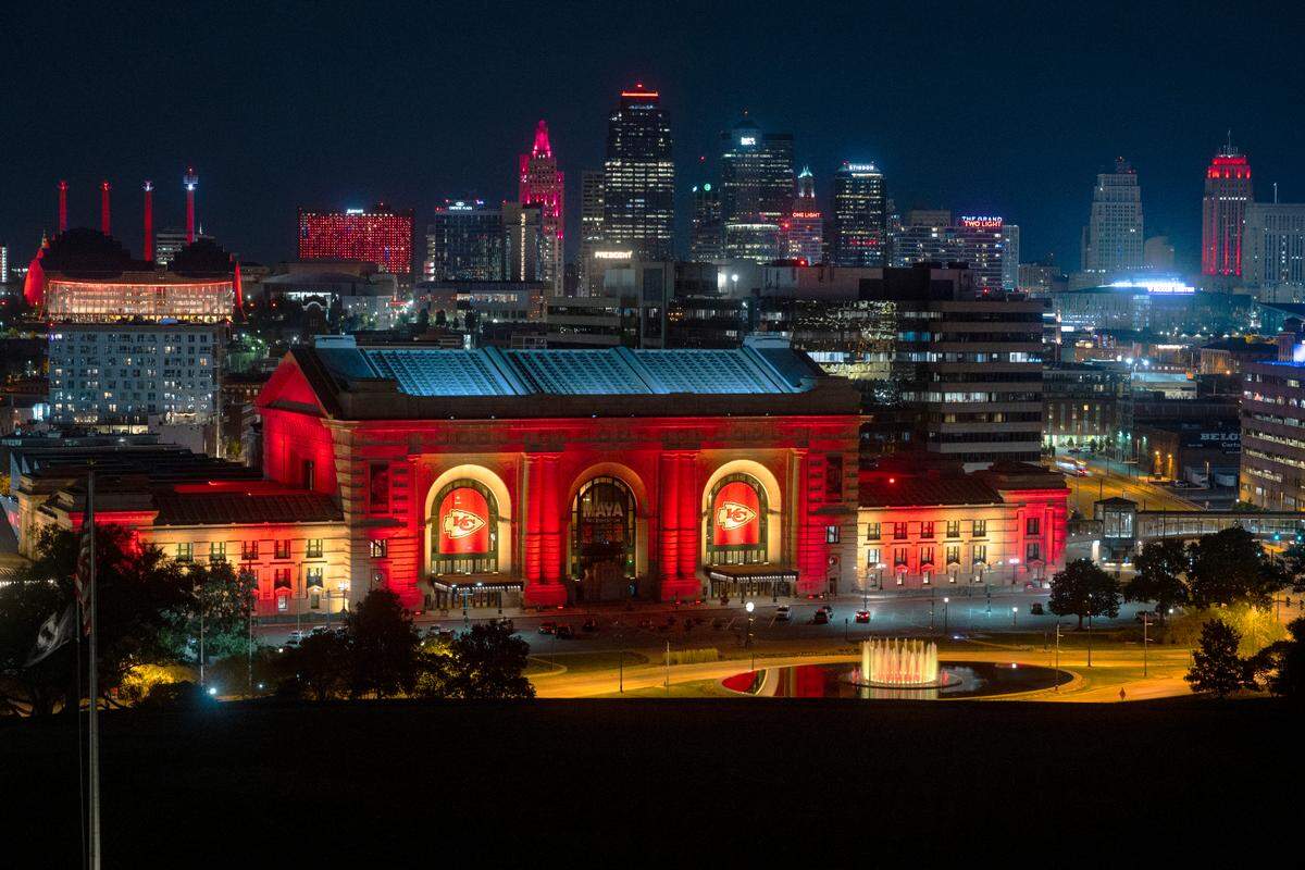 Union Station glowed with Kansas City Chiefs colors Wednesday night when it was lit up in a special light show to celebrate Red Friday.