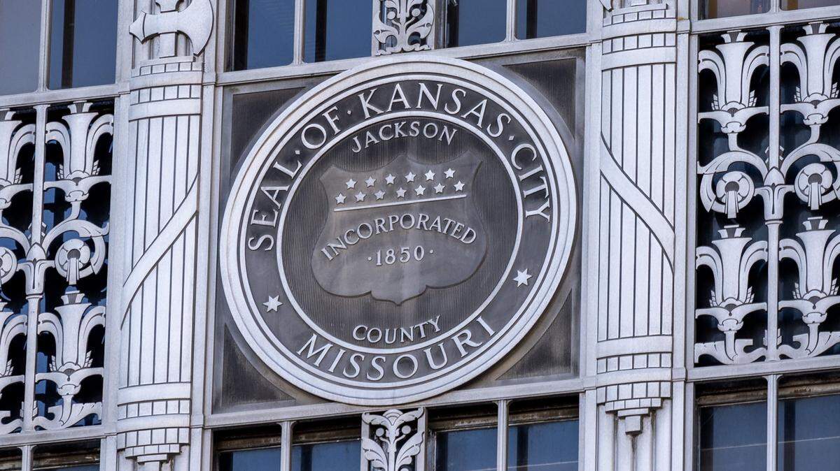The seal of Kansas City is seen displayed on the city hall building at 414 E 12th St., on Thursday, Dec. 4, 2025.