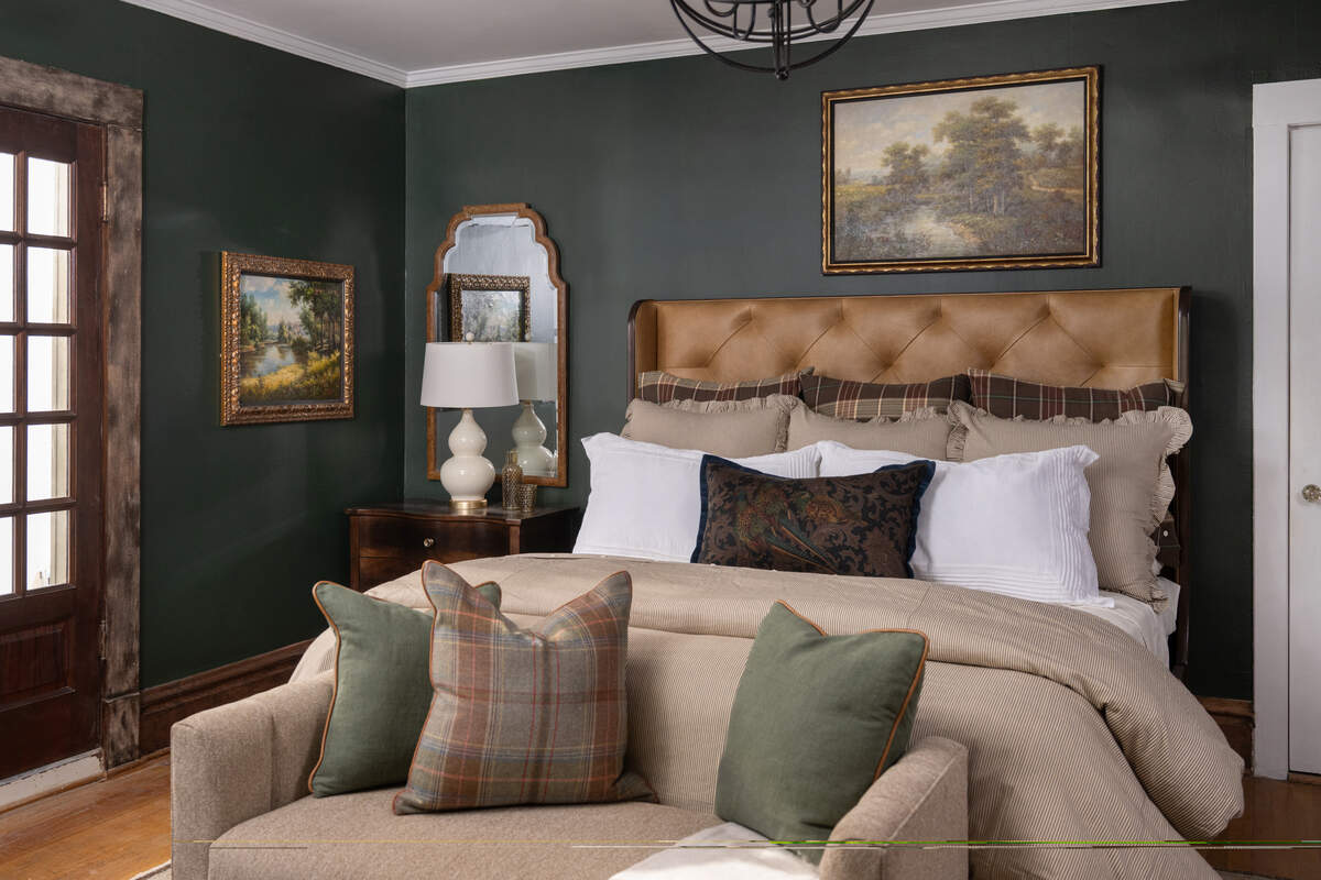 The primary bedroom at the Kansas City Symphony Designer Showcase home for 2026 was designed by Nell Hill’s.