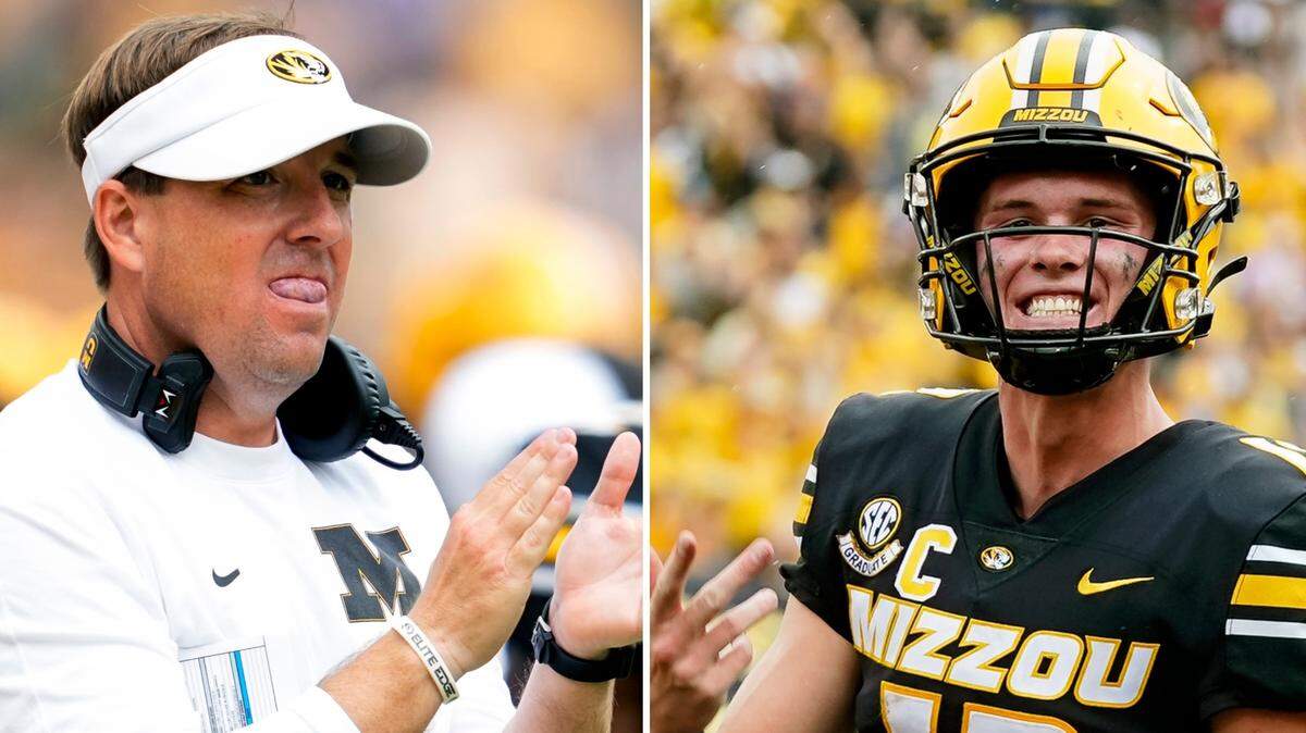 Missouri Tigers football coach Eli Drinkwitz, left, and QB Brady Cook.