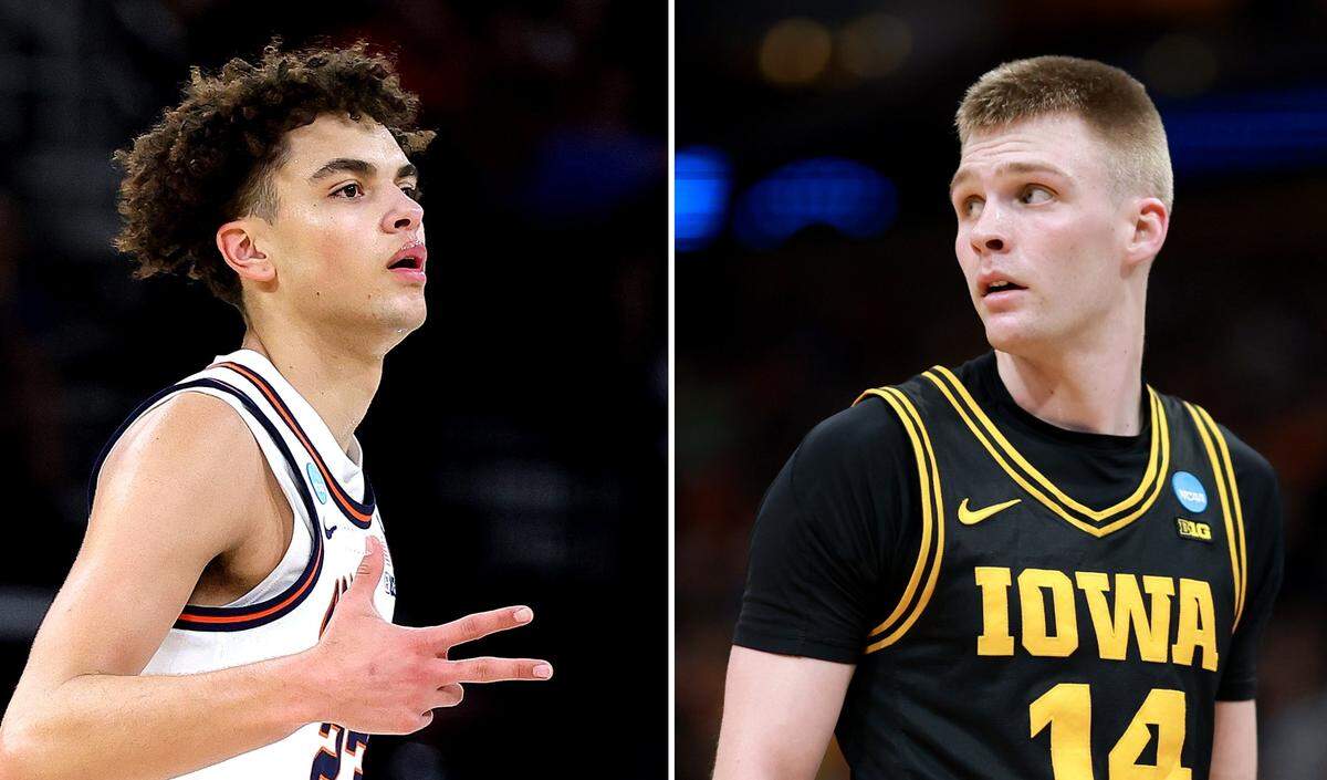 Shawnee Mission Northwest grad Keaton Wagler, left, led the Illinois Illini past Liberty High product Bennett Stirtz, right, and the Iowa Hawkeyes in an NCAA Tournament Elite Eight game at Houston’s Toyota Center on Saturday, March 28, 2026.