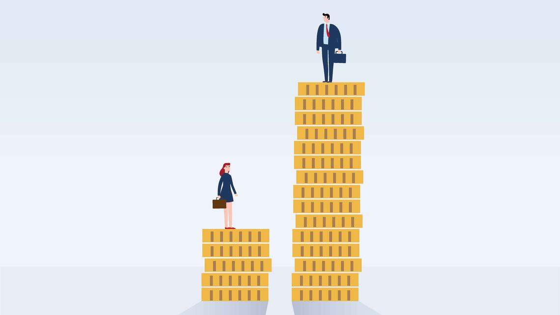 Photo illustration showing a gender gap and inequality in salary.