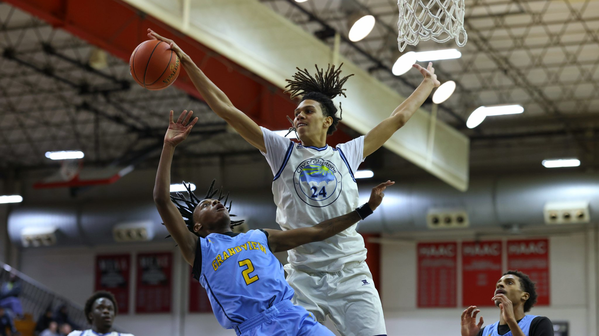 Oak Park’s Jakaya Duff blocks a shot in the Northmen’s 68-36 semifinal win in the William Jewell Classic boys high school basketball tournament on Monday, Dec. 30, 2025 in Liberty, Missouri.