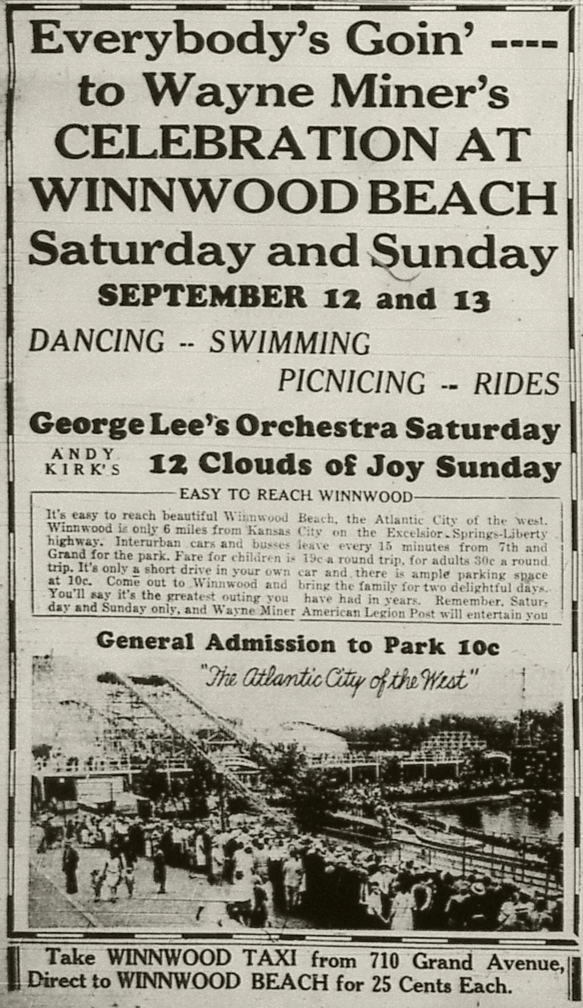 Advertisement for the Wayne Miner celebration at Winnwood Beach. 