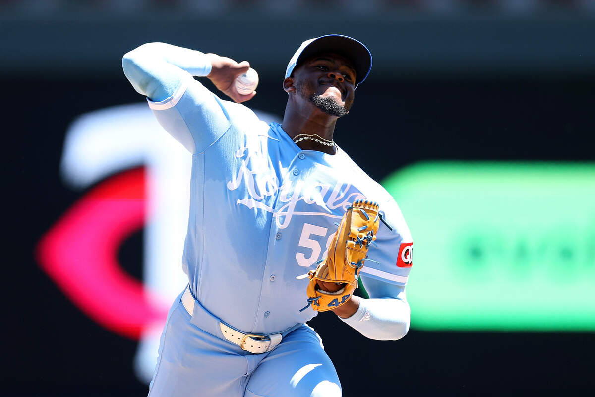 Luinder Avila #58 of the Kansas City Royals delivers a pitch against the Minnesota Twins in the first inning at Target Field on June 06, 2026 in Minneapolis, Minnesota.