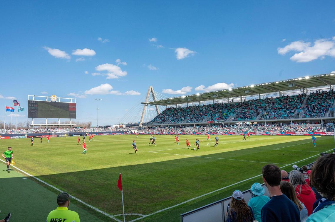 The Christopher S. Bond Bridge is seen in the distance during a NWSL game between the Kansas City Current and the Portland Thorns FC at CPKC Stadium on Saturday, March 16, 2024, in Kansas City.