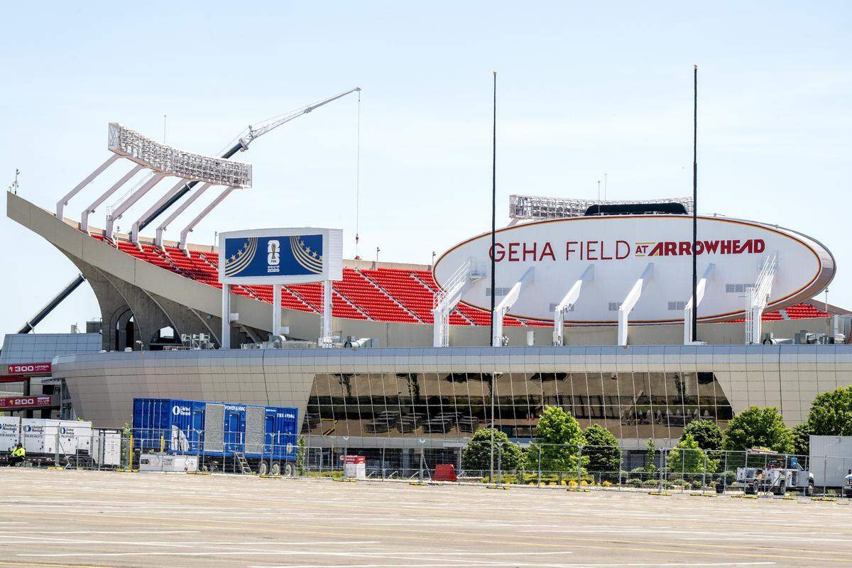 A sign promoting the FIFA World Cup in Kansas City is seen at GEHA Field at Arrowhead Stadium on Monday, May 11, 2026.