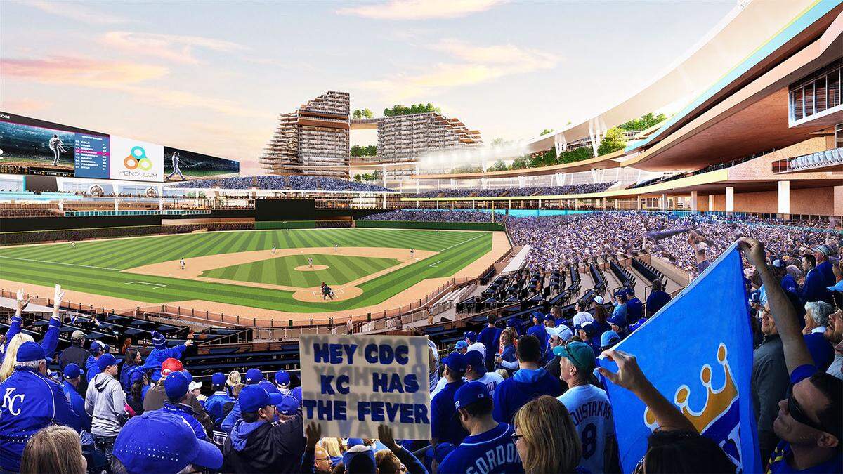 This Pendulum concept of a downtown baseball stadium shows a view from inside the stadium with luxury apartments just outside of the outfield.
