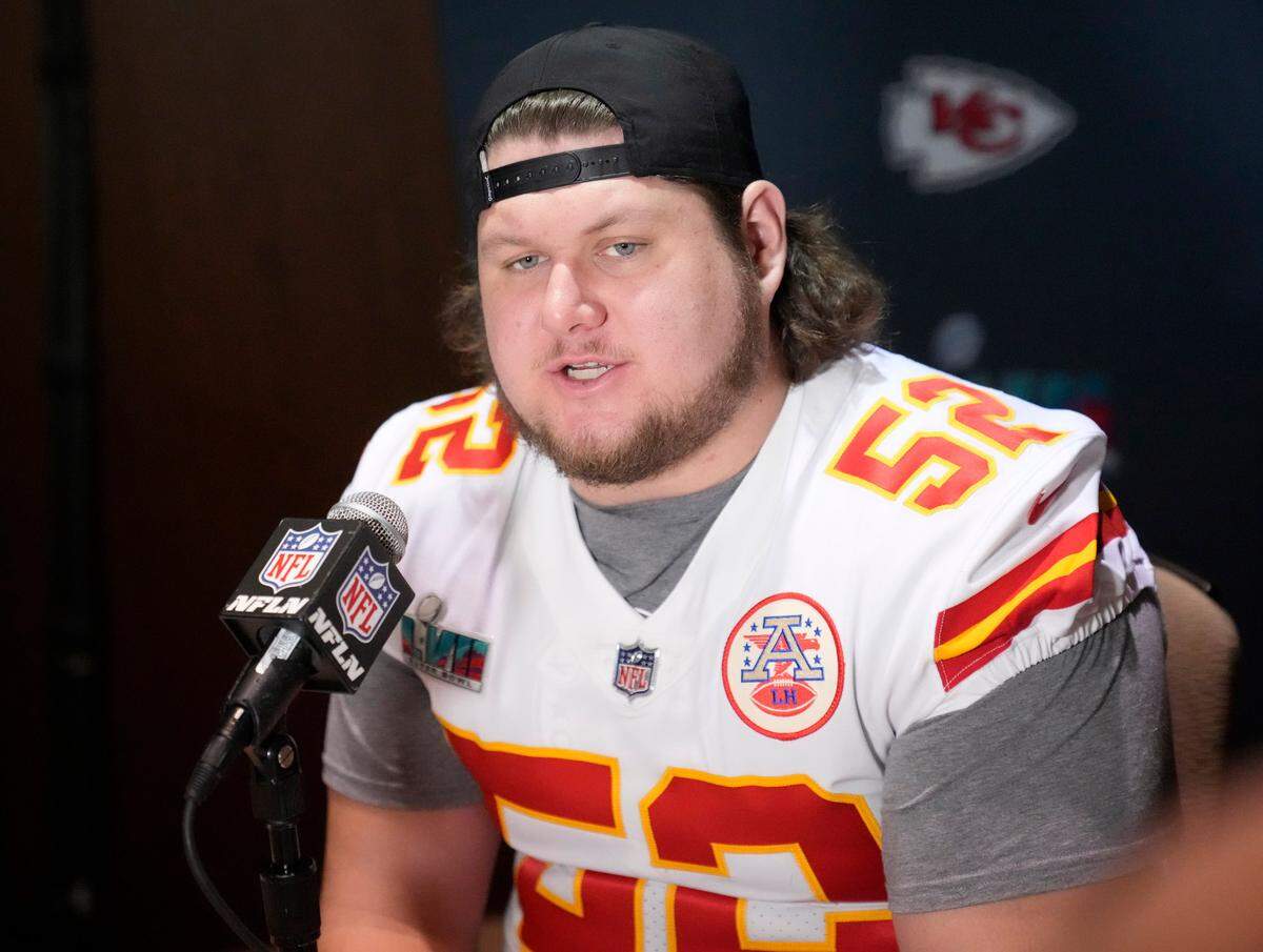 Kansas City Chiefs center Creed Humphrey answers questions during a Super Bowl media availability at the Hyatt Regency Scottsdale Resort & Spa.