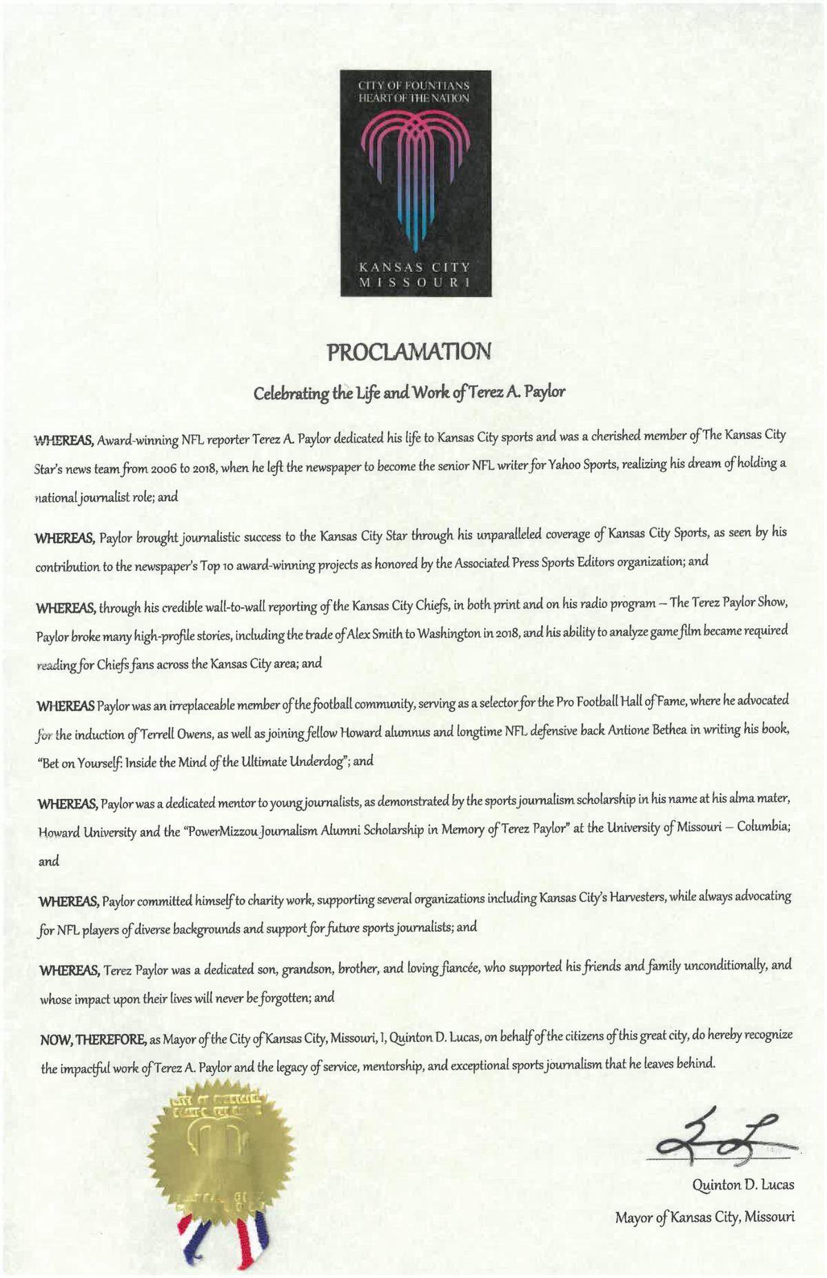 Mayor Quinten Lucas proclaimed Friday, Aug. 27 Terez A. Paylor Day in Kansas City to honor the sports journalist who worked for many years at the KC Star and then Yahoo Sports.