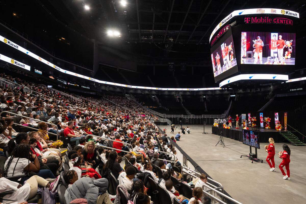 Kansas City Chiefs quarterback Patrick Mahomes greets thousands of grade school kids from around the Kansas City metro before reading to them at the Lead to Read KC Reading Rally, on Thursday, April 2, 2026, at T-Mobile Center.