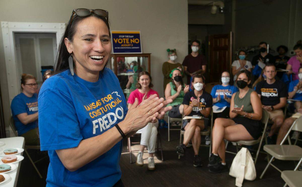 Kansas Democratic Rep. Sharice Davids spoke to volunteers for Planned Parenthood Great Plains Votes in September before going out to canvass for the “vote no” campaign to defeat an amendment on the ballot that would have eliminated the right to an abortion from the state constitution.