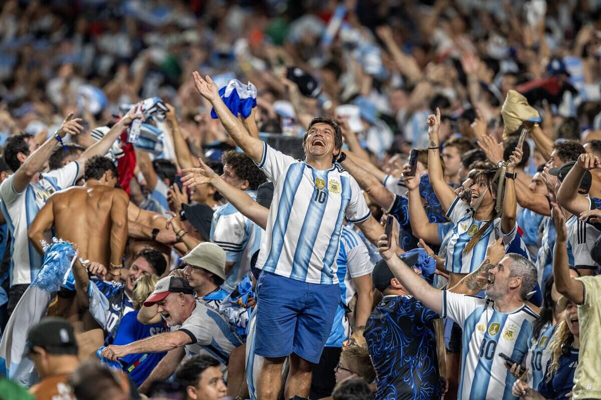 Fans cheer after Argentina's 3-0 victory over Algeria in a FIFA World Cup group-stage soccer match at Kansas City (Arrowhead) Stadium on Tuesday, June 16, 2026, in Kansas City.