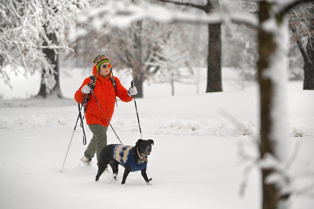 “You have to get out as soon as it snows, “ said Maria, a resident of Overland Park who skied with her dog, Ocean, through the trees at Meadowbrook Park on Tuesday, Jan. 9, 2024, in Prairie Village.