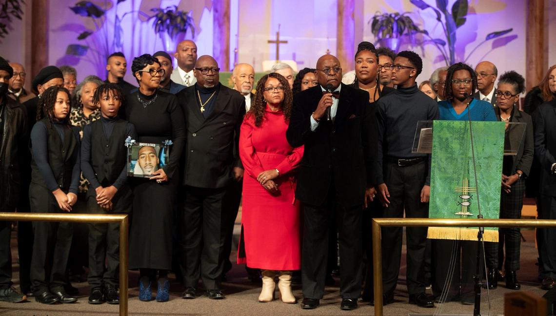 More than 30 people gathered at the front of St. James United Methodist Church in support of the family of Cameron Lamb, 26, who was shot and killed in Dec. 2019 by white Kansas City police Det. Eric DeValkenaere.  The Rev. Vernon P. Howard, was joined by Lamb’s family and others at an annual Martin Luther King Jr. event to denounce DeValkenaere’s early release from prison in December by outgoing Missouri Gov. Mike Parson.