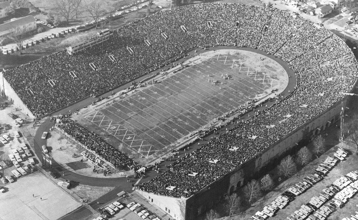 A standing-room-only-crowd of more than 40,000 packed Memorial Stadium to watch the Jayhawks play Syracuse in 1960. Three years later, more seats and a new press box was added to the stadium.