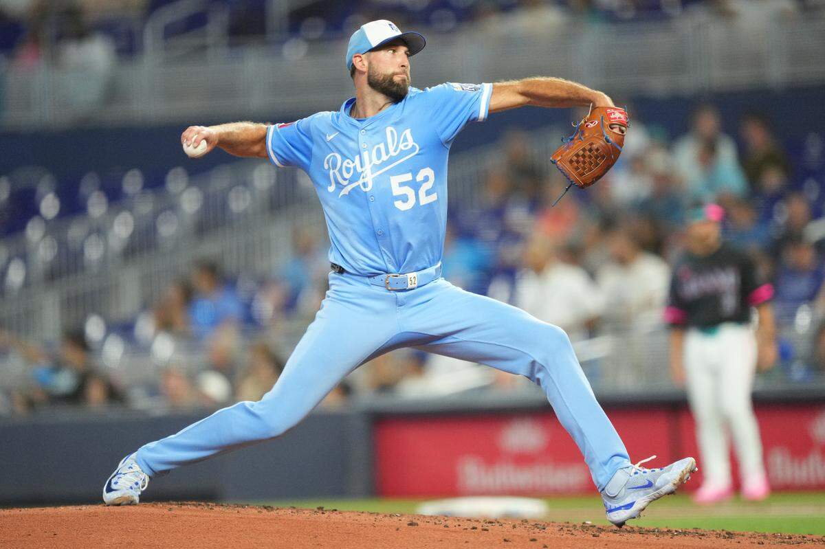 Kansas City Royals starting pitcher Michael Wacha delivers against the Marlins during a Saturday, July 19, 2025 Major League Baseball game at LoanDepot Park in Miami.