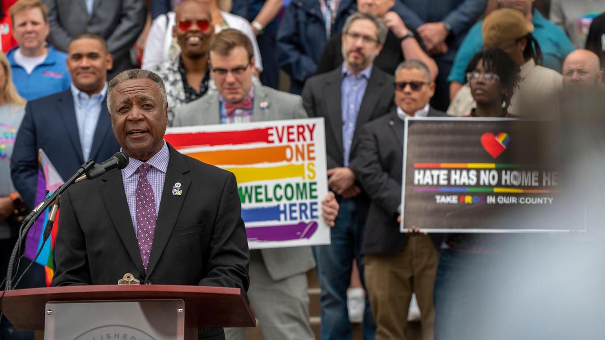 In this file photo from June 1, 2022, Frank White Jr., Jackson County executive, speaks during a celebratory kickoff to Pride Month at the Jackson County Courthouse in Kansas City.