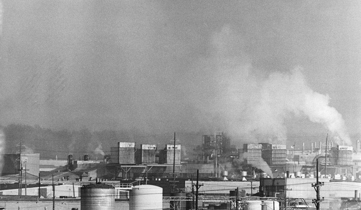 Murky Day - The sky over Kansas City was murky on a January day in 1971 as a temperature inversion held pollutants close to the earth. Looking south toward the Fairfax Industrial District, one could see the intensity of the layers of pollutants as they filled the Missouri River basin.