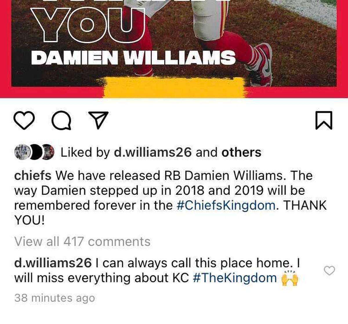 Damien Williams’ Tuesday post on Instagram.