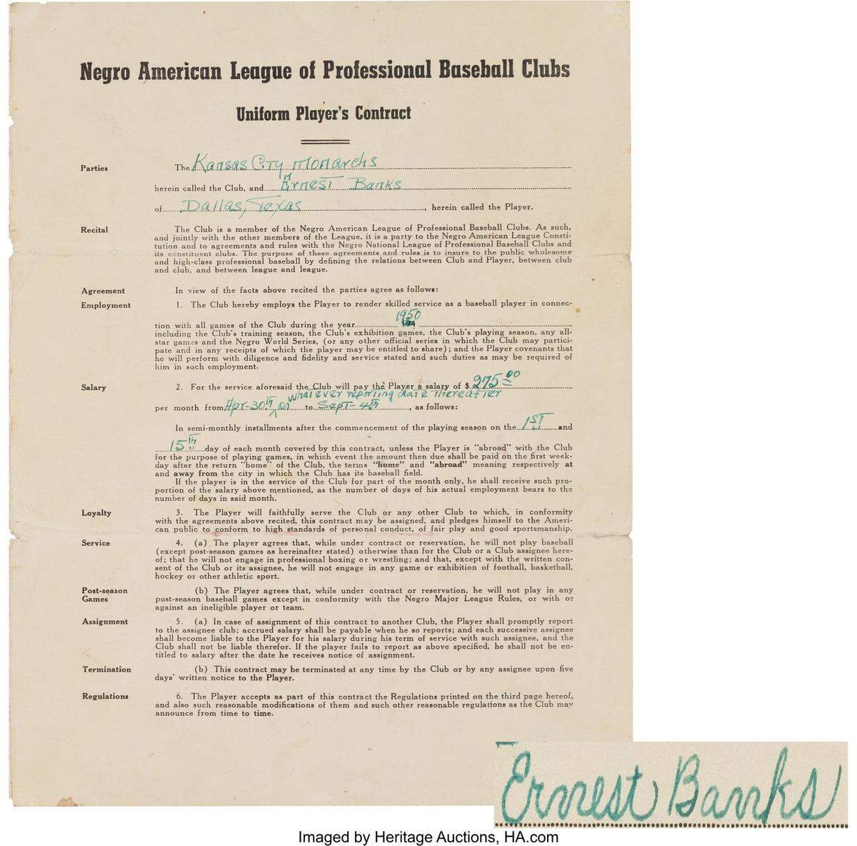Ernie Banks’ first professional contract that he signed with the Kansas City Monarchs in 1950.