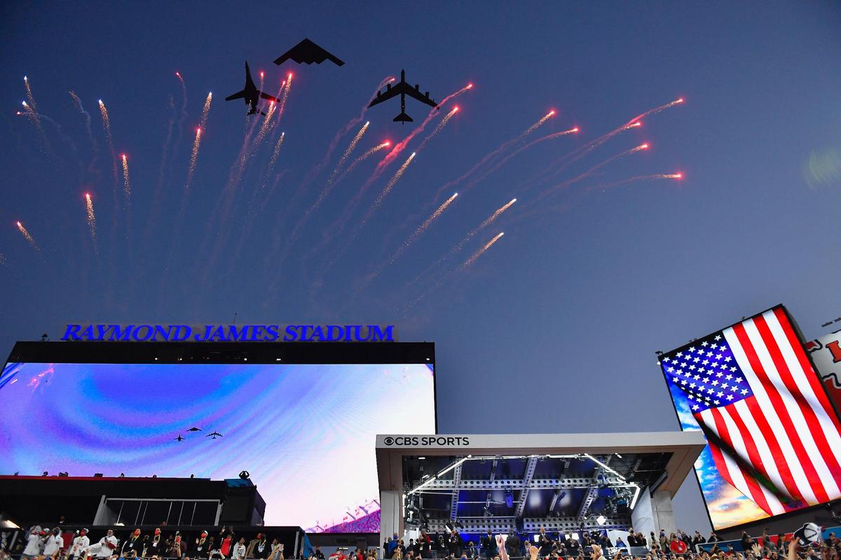B1, B2 and B52 bombers from the United States Air Force do a flyover Sunday, February 7, 2021, during Super Bowl LV at Raymond James Stadium in Tampa, Florida.