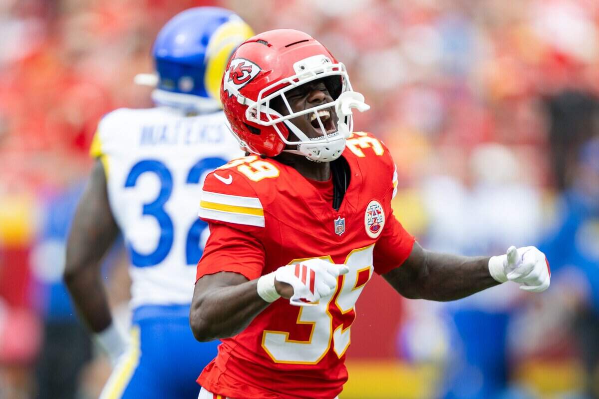 Kansas City Chiefs cornerback Melvin Smith Jr. (39) celebrates after a special teams tackle during the first half of the Chiefs preseason game against the Los Angeles Rams, on Saturday, August 15, 2026, at Arrowhead Stadium.