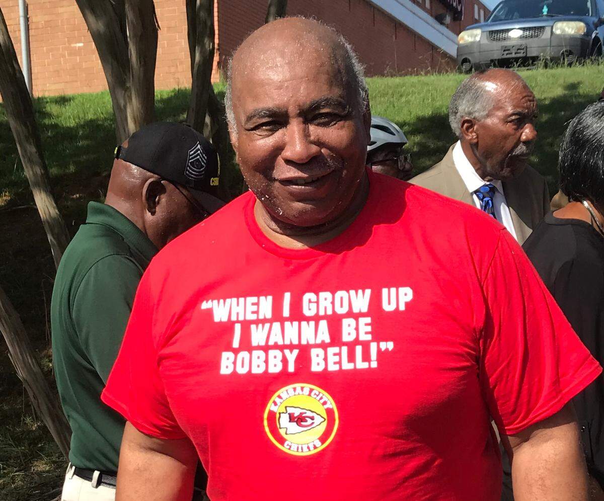 Fellow Pro Football Hall of Famer Willie Lanier left no doubt about his admiration for his former Kansas City Chiefs teammate, wearing a bright red T-shirt proclaiming, “When I grow up I want to be Bobby Bell.”