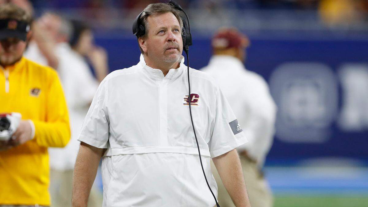 Central Michigan head coach Jim McElwain walks the sidelines during the second half of the Mid-American Conference championship NCAA college football game against Miami of Ohio, Saturday, Dec. 7, 2019, in Detroit. (AP Photo/Carlos Osorio)