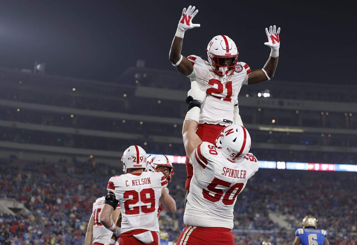 Nebraska Cornhuskers running back Emmett Johnson, selected in the fifth round of the 2026 NFL Draft by the Kansas City Chiefs on Saturday, April 25, 2026, celebrates his TD against UCLA in November 2025 at the Rose Bowl in Pasadena, California.