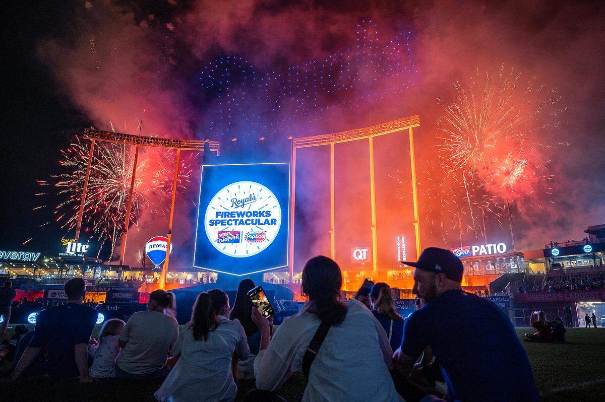 Independence Day was celebrated at Kauffman Stadium Wednesday night where spectators watched a patriotic fireworks and drone display after the Kansas City Royals defeated the Tampa Bay Rays 4-2. Lighted drones were used to spell out “Royals” during the show.
