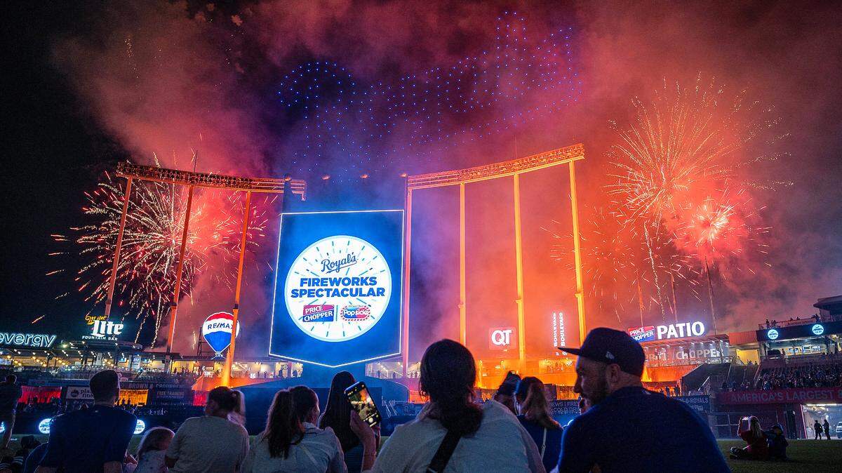 Independence Day was celebrated at Kauffman Stadium Wednesday night where spectators watched a patriotic fireworks and drone display after the Kansas City Royals defeated the Tampa Bay Rays 4-2. Lighted drones were used to spell out “Royals” during the show.