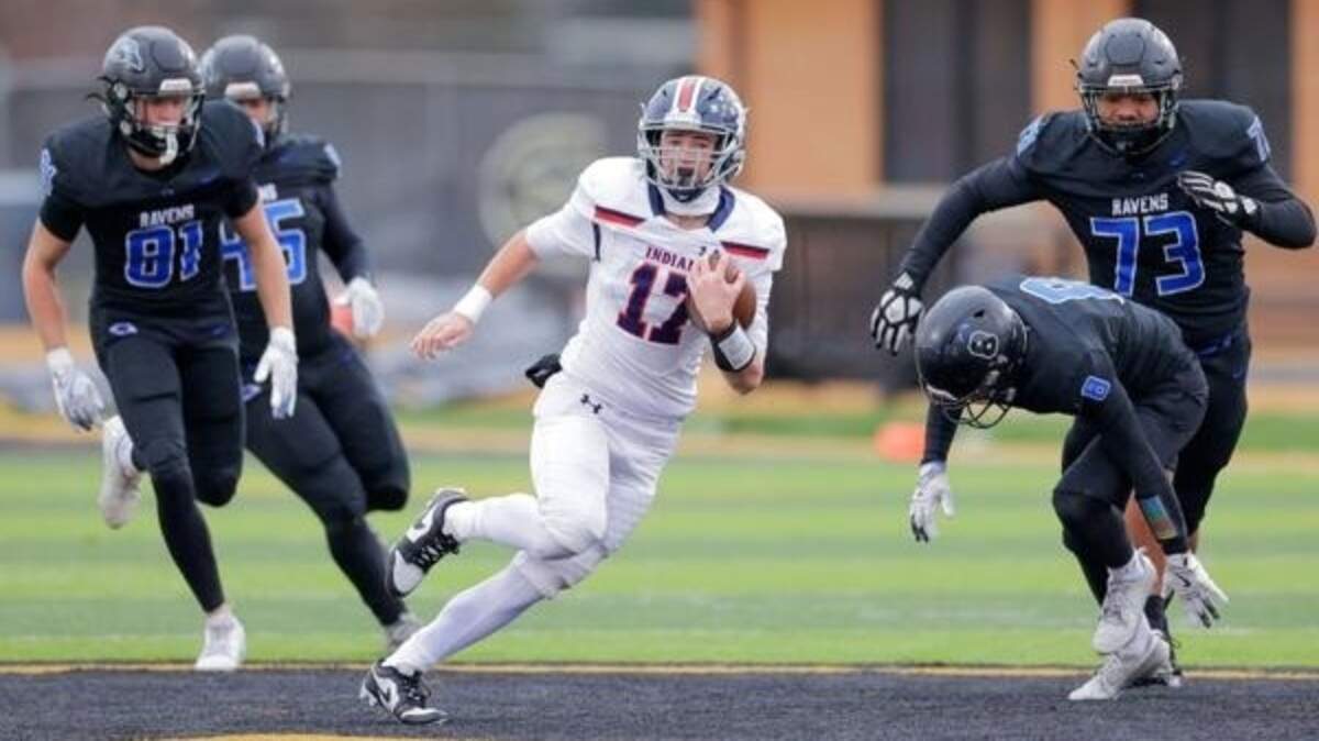 Manhattan quarterback Finn Watson rushed for two touchdowns and passed for two touchdowns in a 27-0 shutout victory over Olathe Northwest in the Kansas Class 6A state championship game at Welch Stadium in Emporia, Kansas on Saturday, Nov. 29, 2025.