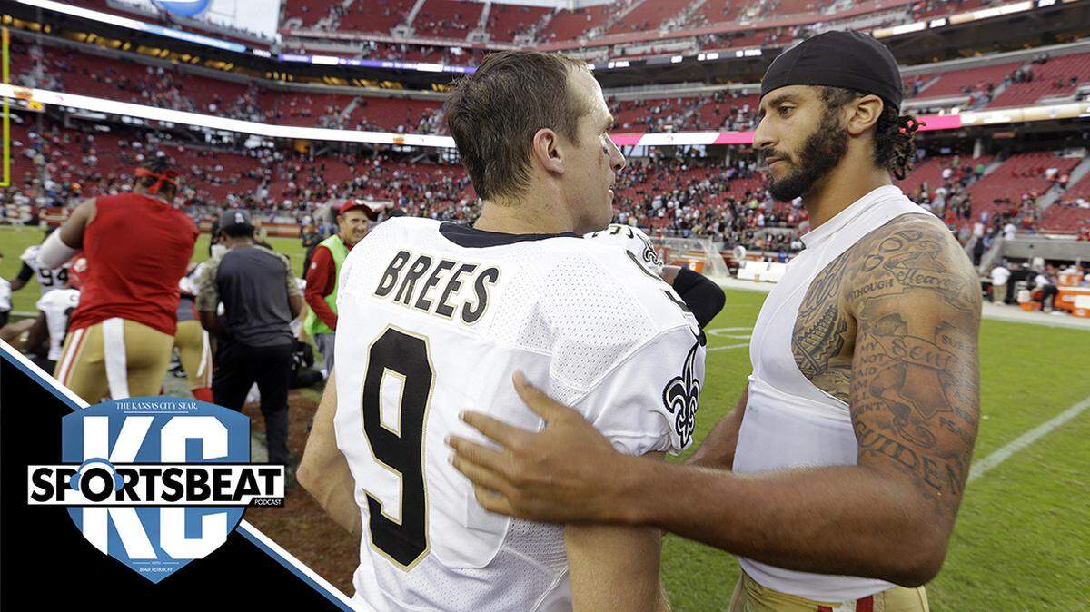 In this Nov. 6, 2016, file photo, San Francisco 49ers quarterback Colin Kaepernick, right, is greeted by New Orleans Saints quarterback Drew Brees in Santa Clara, California.