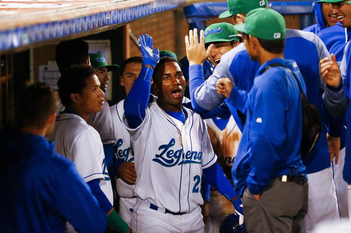 Lexington Legends right fielder Seuly Matias (25) celebrates after a home run during a game against the Charleston RiverDogs on April 5, 2018, at Whitaker Bank Ballpark. Lexington beat Charleston 3-2.