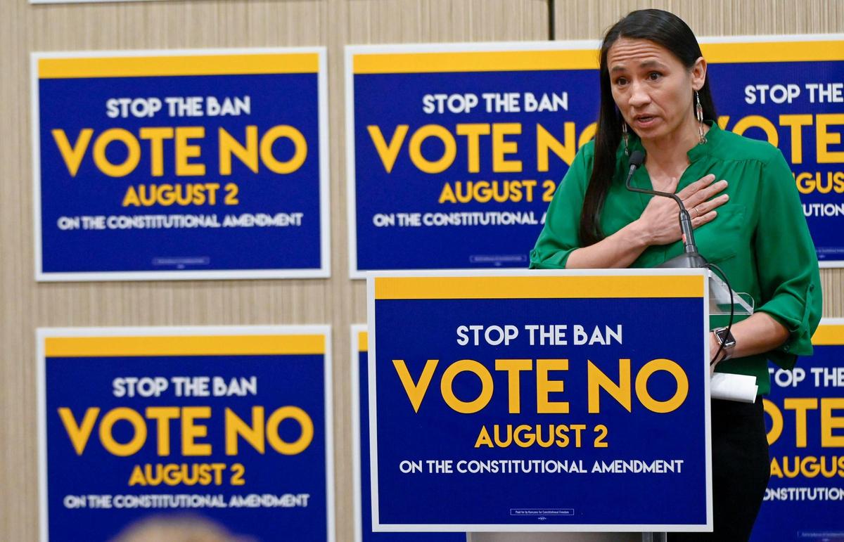 Kansas Democratic Rep. Sharice Davids spoke at the Kansans for Constitutional Freedom election watch party Tuesday, August 2, 2022, at the Overland Park Convention Center, 6000 College Blvd. The group was victorious with a ‘No’ vote on the constitutional amendment passing.