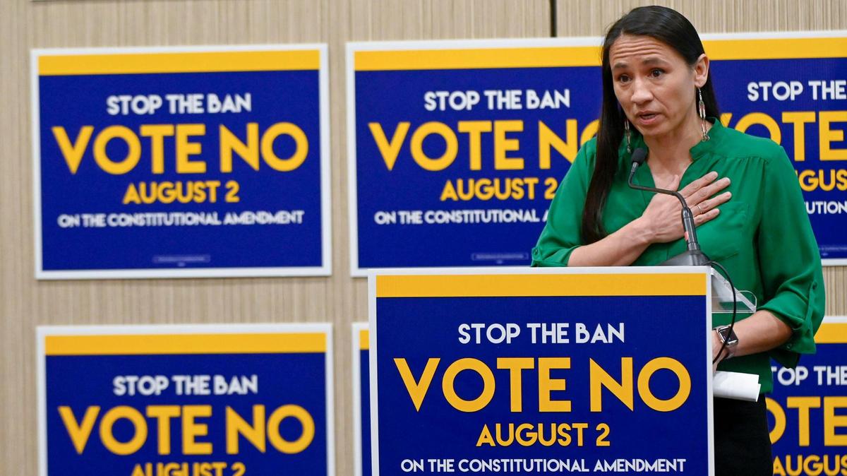 Kansas 3rd District Rep. Sharice Davids spoke at the Kansans for Constitutional Freedom election watch party Tuesday night in Overland Park. For Democrats like Davids, the defeat of the constitutional amendment that could have led to more restrictions or a total ban on abortions in Kansas may signal stronger support going into November’s midterm election.