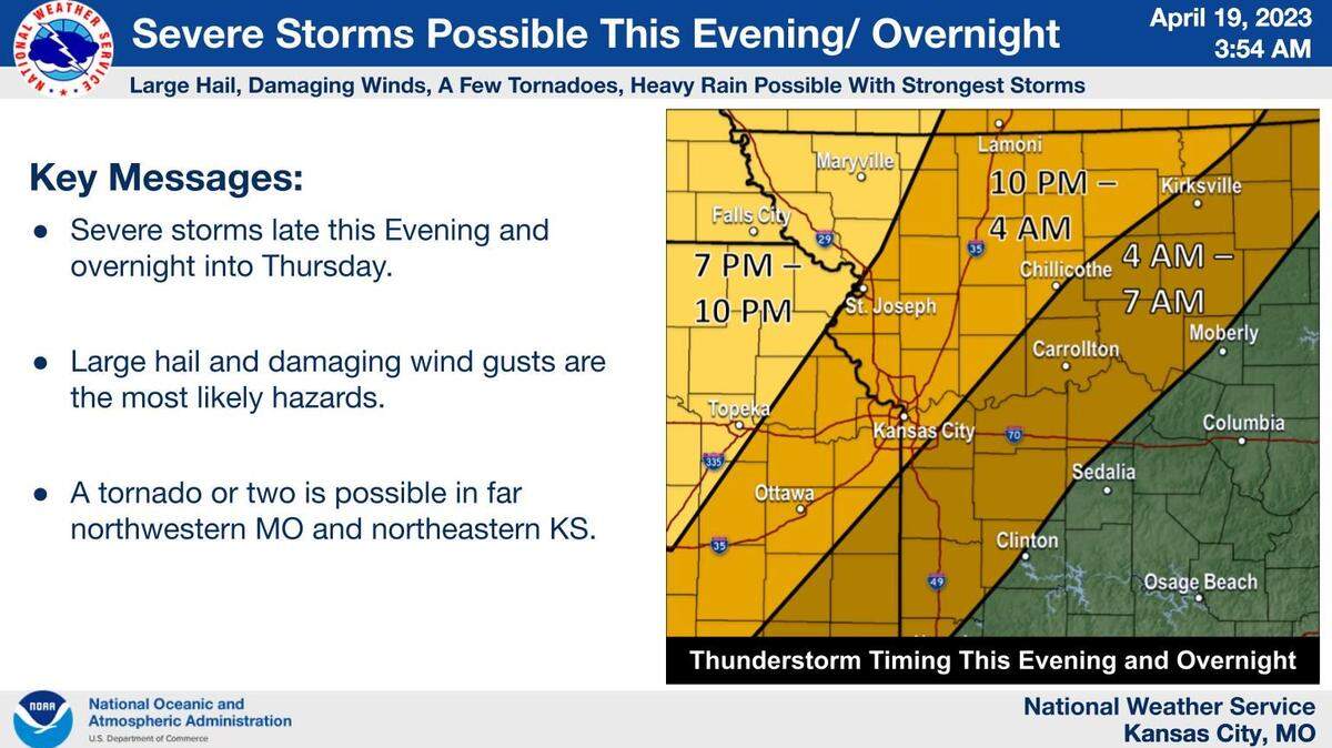 Strong to severe thunderstorms are expected to rumble through the Kansas City area overnight, bringing large hail and damaging winds, according to the National Weather Service. A tornado or two is possible in northwest Missouri and northeastern Kansas.