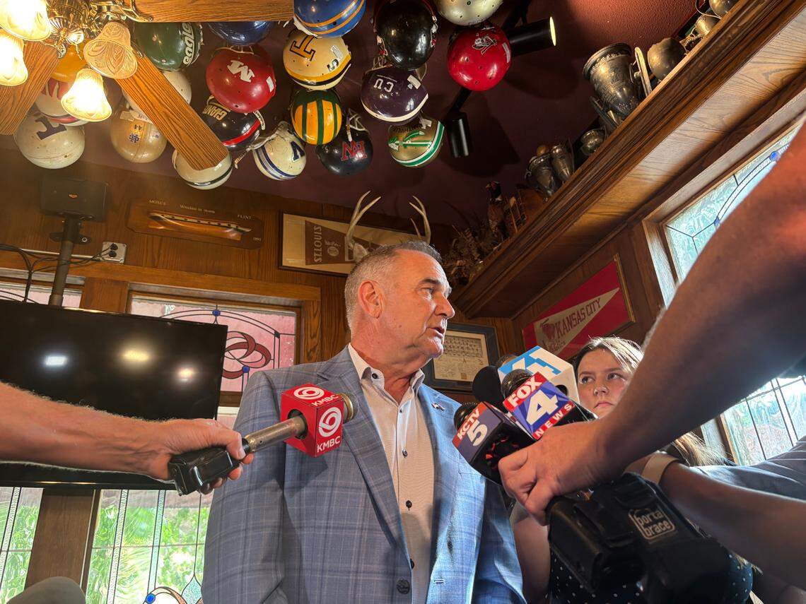 Missouri Gov. Mike Kehoe visited Chappell’s Restaurant & Sports Museum in North Kansas City on Friday, July 11, 2025, as as speculation about the possibility of the Royals moving to Clay County ratchets up.