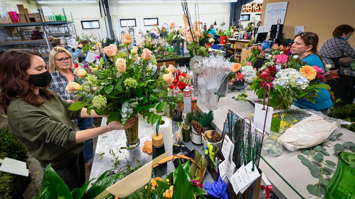 Era todo actividad cuando las diseñadores florales Jessica Stephens, izquierda, y Kathy Lapee hacían arreglos de flores frescas el miércoles, mientras se preparaban para la esperada fiebre de pedidos del Día de San Valentín en Fiddly Fig Floral & Regalos, 9716 Holmes Rd., en Kansas City. La propietaria Sheryl White dijo que con la próxima fiesta de San Valentín, el regreso de las bodas y un aumento de los pedidos de flores para funerales debido al COVID-19, la tienda está muy ocupada, pero bien dotada de personal para manejar la demanda. White dijo que los clientes verán un ligero aumento en el costo de las flores para el Día de San Valentín y que la gente debe hacer pedidos para el Día de San Valentín con anticipación, ya que cae en lunes.