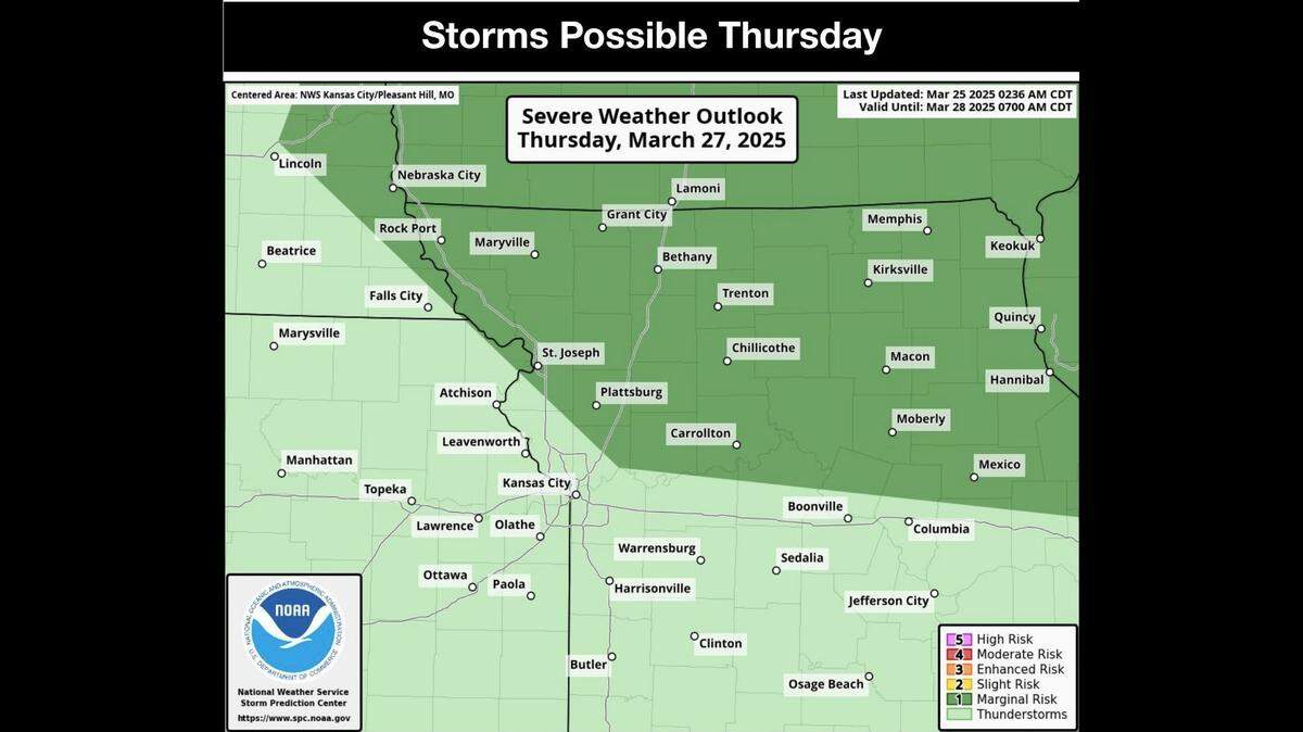Showers and thunderstorms are expected to move into the Kansas City area overnight Wednesday, according to the National Weather Service. Some of the storms could be strong to marginally severe. Shower and thunderstorm chances continue through the morning on Thursday but are expected to diminish by the afternoon. The first pitch for the Kansas City Royals’ home opener against the Cleveland Guardians is 3 p.m. at Kauffman Stadium.