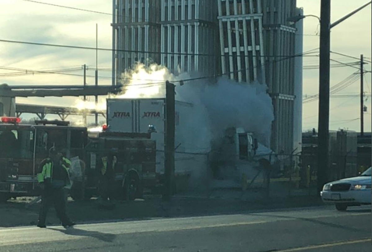 A tractor-trailer crashed into a liquid oxygen unit Wednesday in the Fairfax district of Kansas City, Kansas, prompting fire department crews to evacuate an area near an industrial plant.