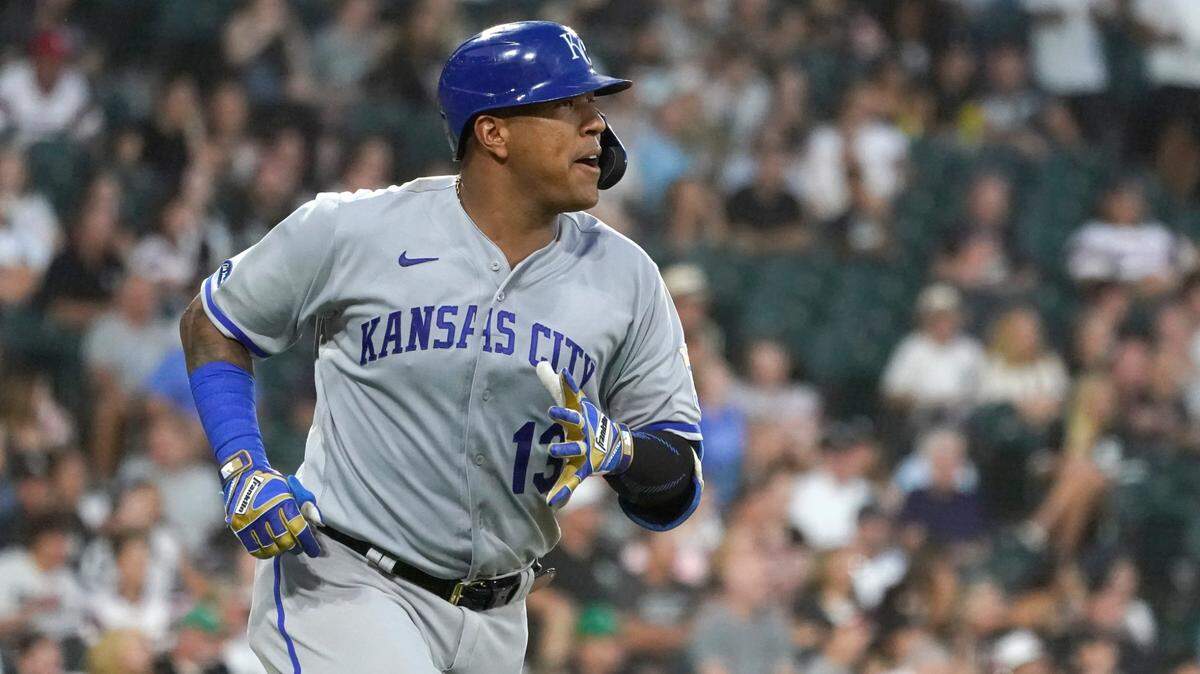 Kansas City Royals’ Salvador Perez watches his homer off Chicago White Sox starting pitcher Michael Kopech during the fourth inning of a baseball game Monday, Aug. 1, 2022, in Chicago. (AP Photo/Charles Rex Arbogast)